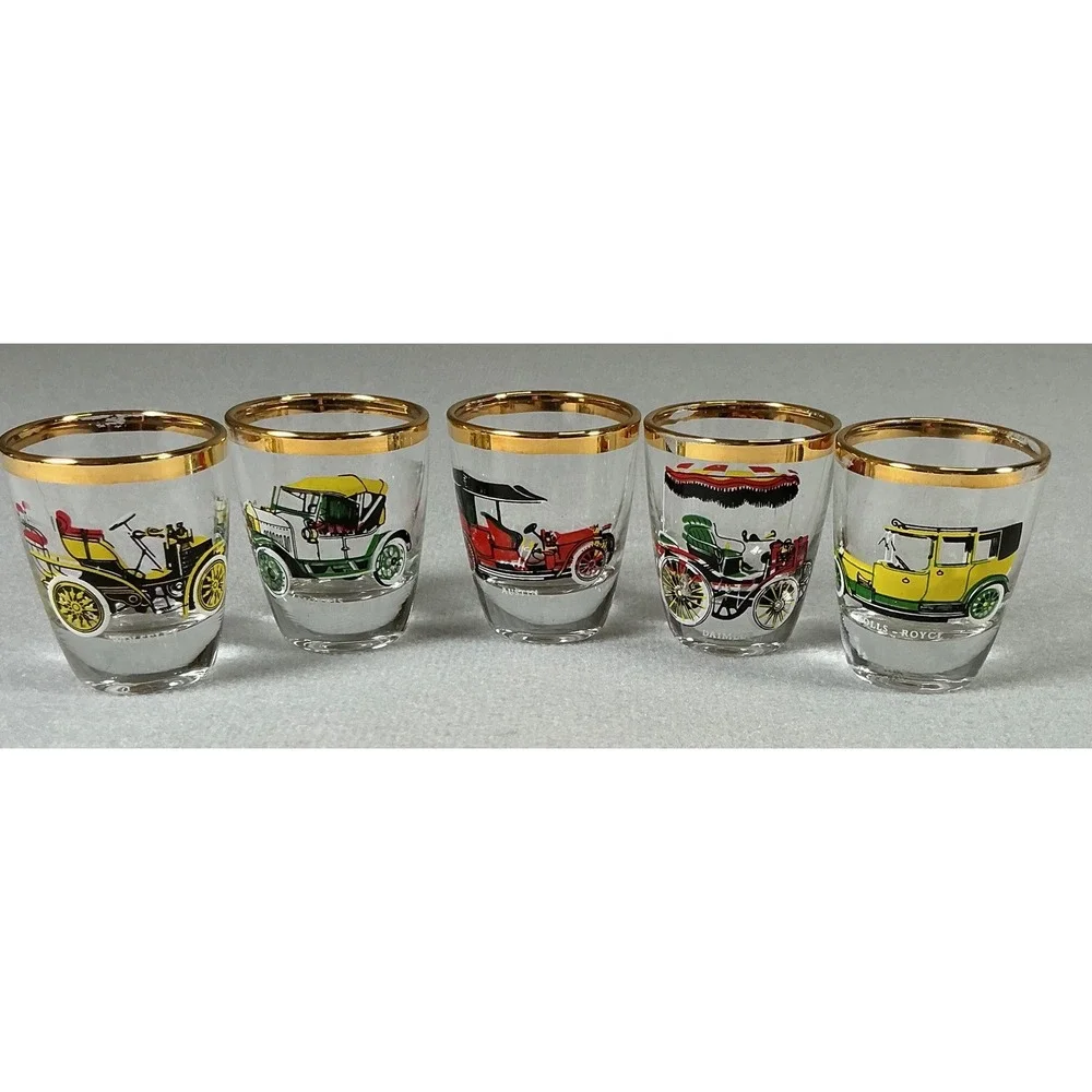 Vintage Car Shot Glass Set Gold Rim Barware 5pc Retro Auto Design‎